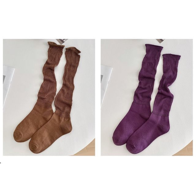 Set of 2 Pairs: Plain Ribbed Shirred Tall Socks