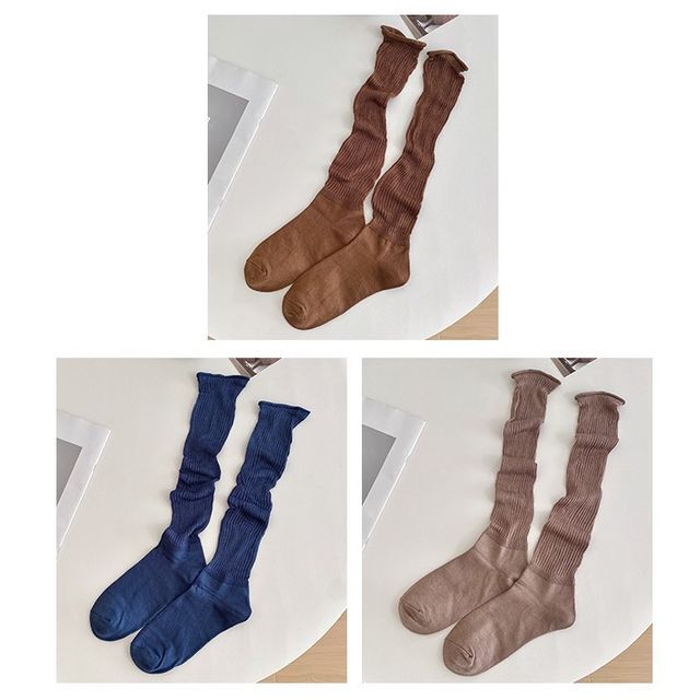 Set of 2 Pairs: Plain Ribbed Shirred Tall Socks