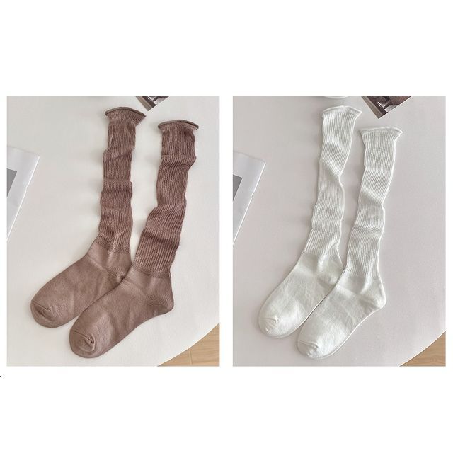 Set of 2 Pairs: Plain Ribbed Shirred Tall Socks