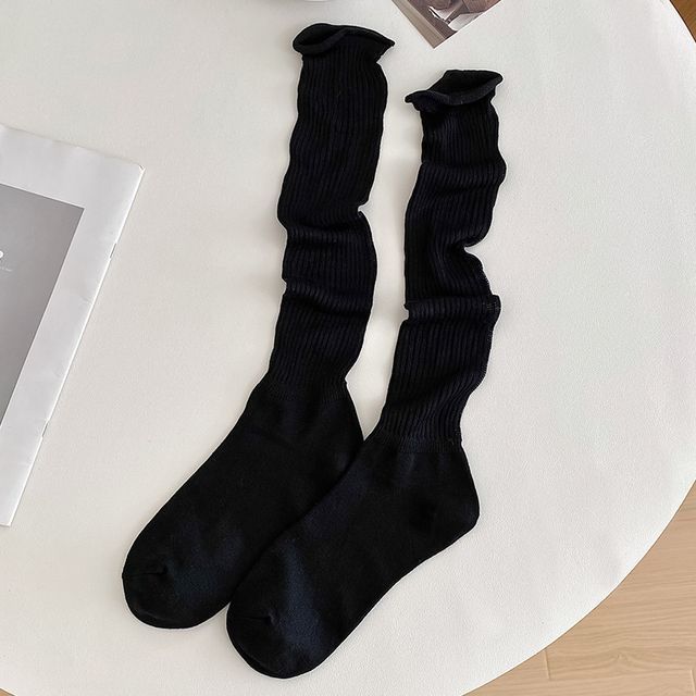 Set of 2 Pairs: Plain Ribbed Shirred Tall Socks