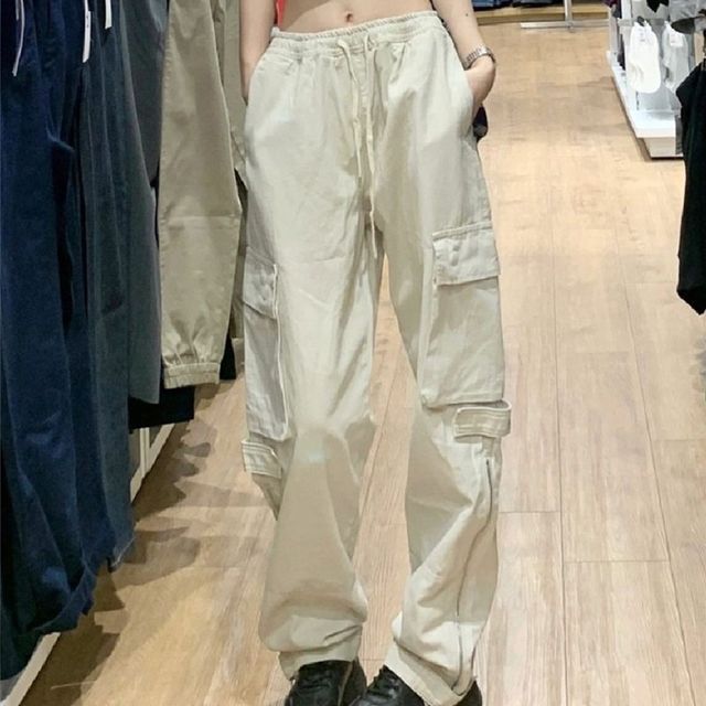 Low Rise Plain Drawstring Cargo Baggy Pants