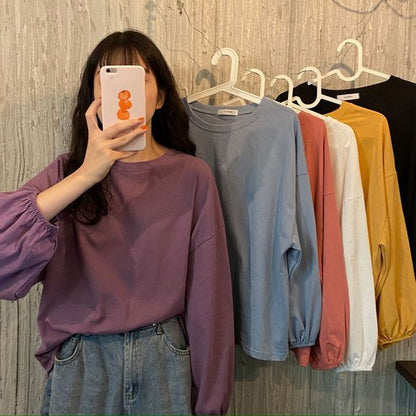 Balloon Sleeve Round Neck Plain Tee