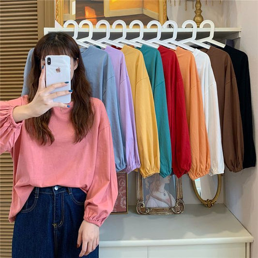 Balloon Sleeve Round Neck Plain T-Shirt