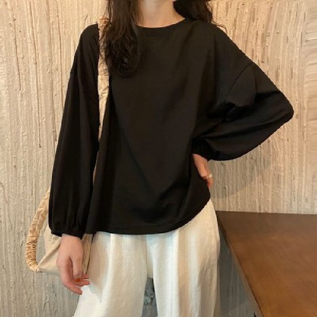 Balloon Sleeve Round Neck Plain Tee