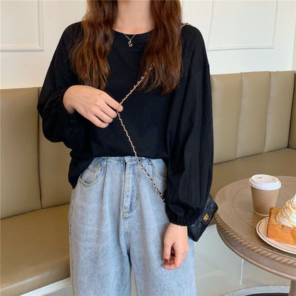 Balloon Sleeve Round Neck Plain T-Shirt