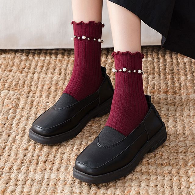 Plain Faux Pearl Beaded Short Socks