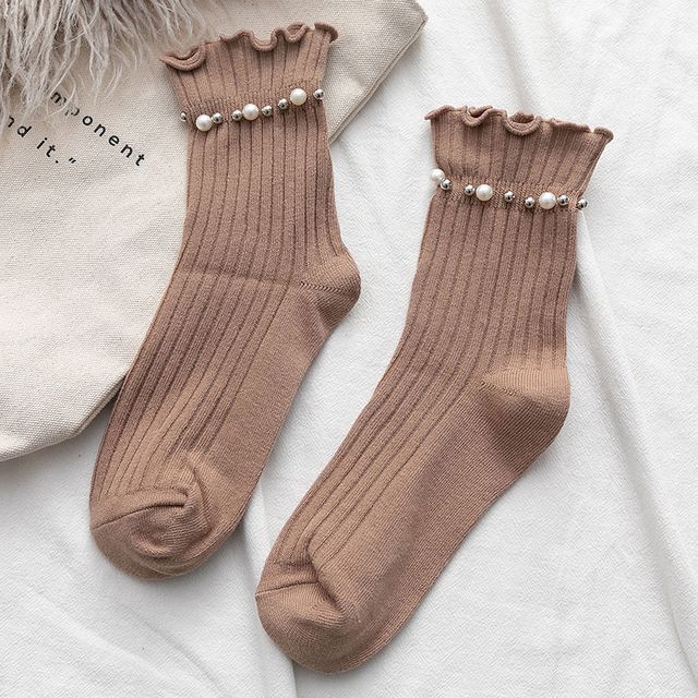 Plain Faux Pearl Beaded Short Socks