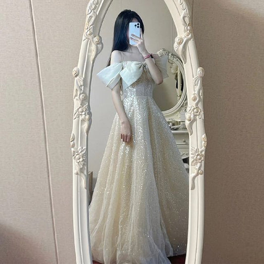 Evening Bow A-Line Sequin Gown Cold-Shoulder