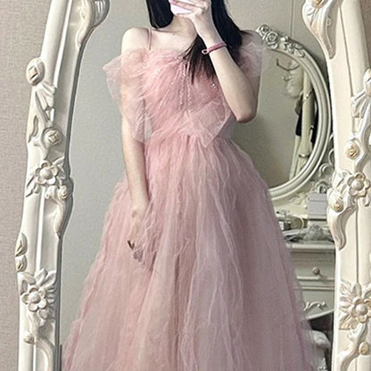 Strap Gown Spaghetti Panel Evening Plain Mesh A-Line Bow