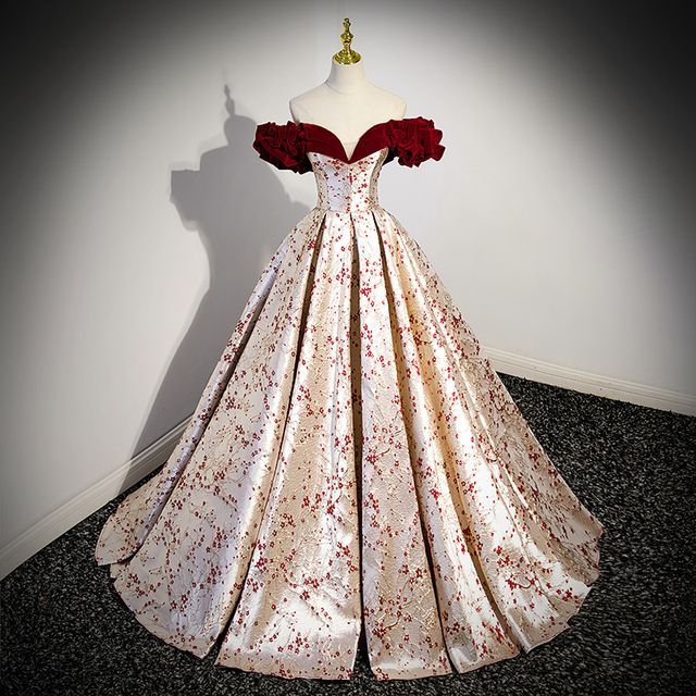 Evening A-Line Ruffled Floral Off-Shoulder Gown Print