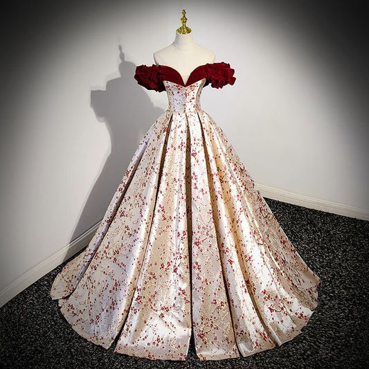 Evening A-Line Ruffled Floral Off-Shoulder Gown Print