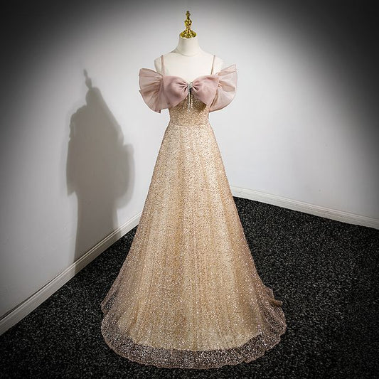 Cold-Shoulder Bow Glitter A-Line Evening Gown