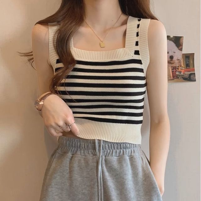 Square Neck Striped Crop Tank Top
