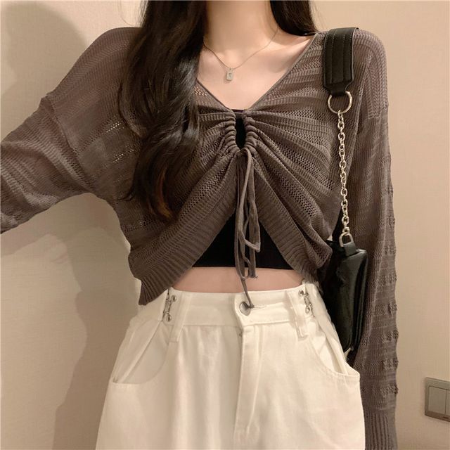 V-Neck Plain Drawstring Cropped Knit Top