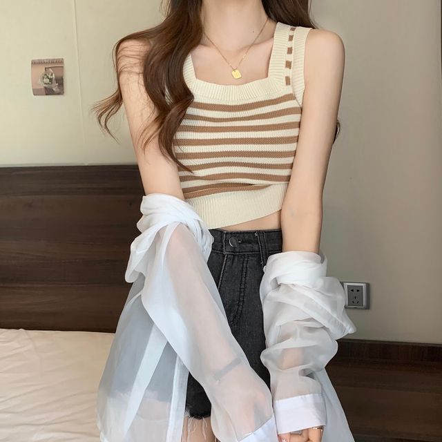 Square Neck Striped Crop Tank Top