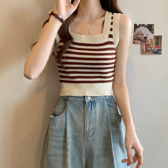 Square Neck Striped Crop Tank Top