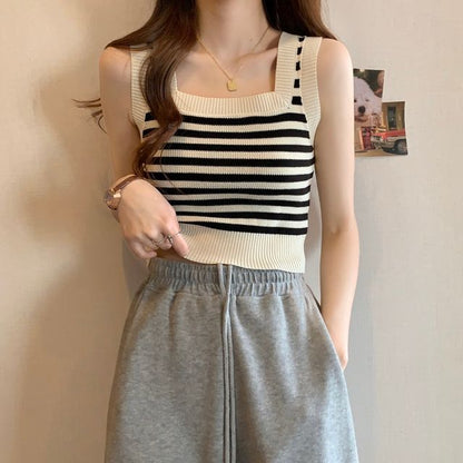 Square Neck Striped Crop Tank Top