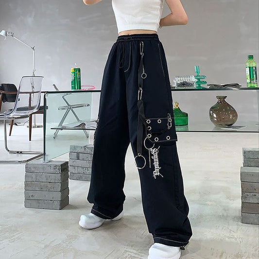 High Waist Lettering Embroidered Loose-Fit Wide-Leg Cargo Pants