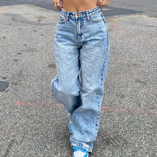 High Waist Washed Straight-Fit Wide-Leg Jeans