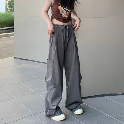 Low Waist Plain Loose-Fit Wide-Leg Cargo Pants