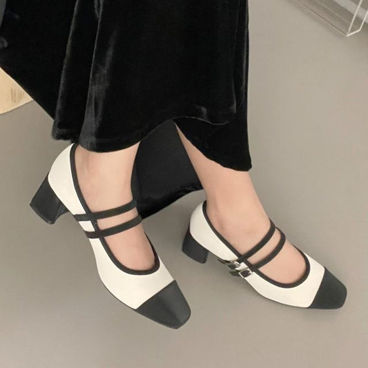 Cap Toe Double-Strap Chunky Heel Mary Jane Pumps