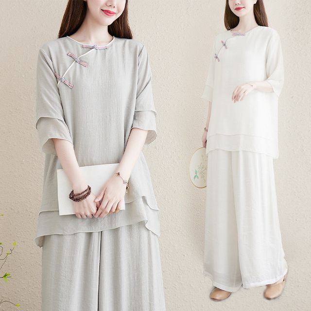 Set: 3/4-Sleeve Plain Frog Buttoned Cheongsam Top + High Rise Plain Wide Leg Pants