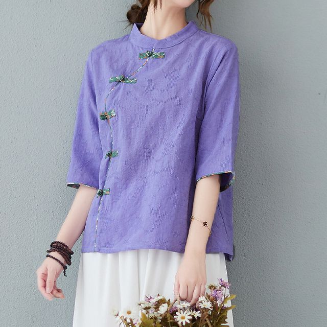 Short-Sleeve Frog Buttoned Plain Cheongsam Top