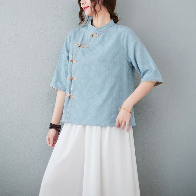 Short-Sleeve Frog Buttoned Plain Cheongsam Top