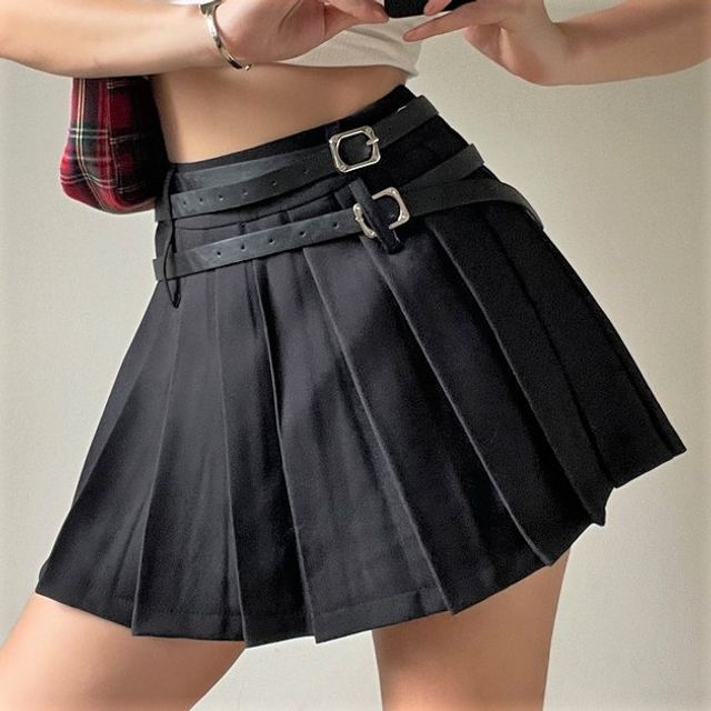 High Rise Pleated Mini Plain Skirt
