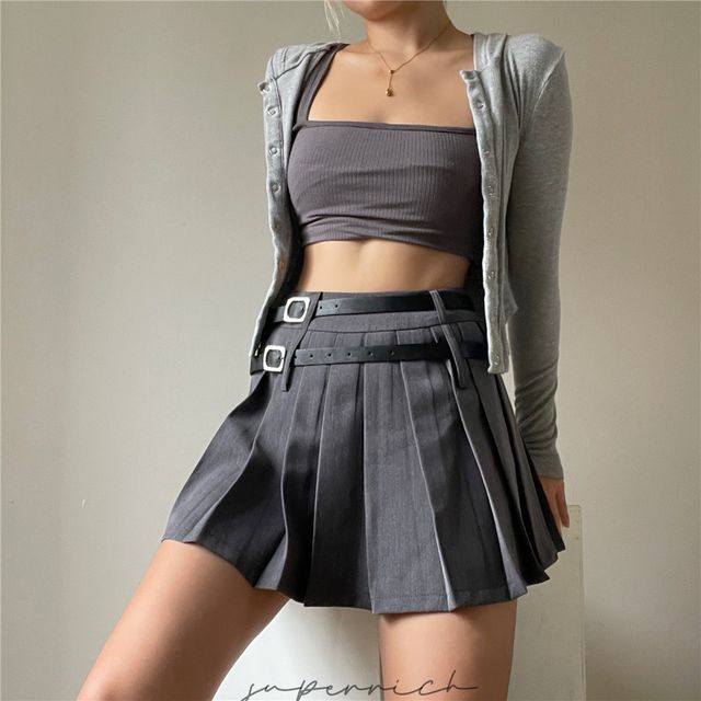 High Rise Plain Pleated Mini Skirt