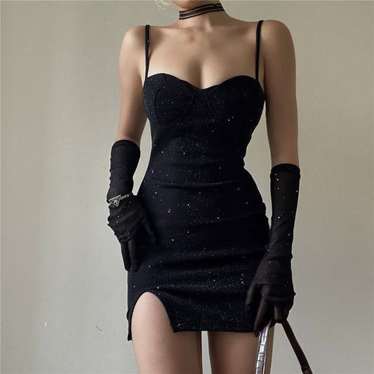 Bodycon Long + Neckline Spaghetti Mini Sweetheart Dress Set: Gloves Rhinestone Strap