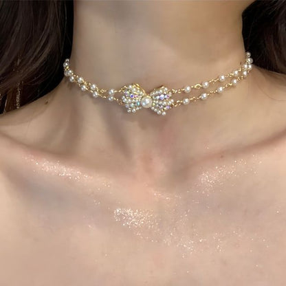 Pearl Layered Alloy Faux Choker Bow