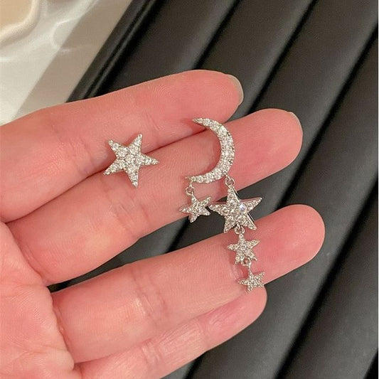 Alloy Star Asymmetrical Fringed Moon Earring