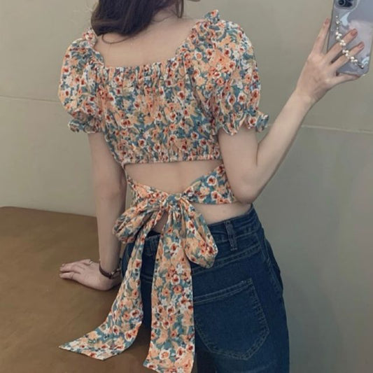 Puff-Sleeve Square-Neck Floral Print Ruffled Bow Back Crop Blouse