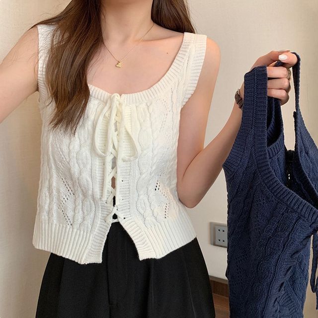 Knit Vest Cable-Knit Lace-Up