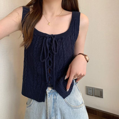 Knit Vest Cable-Knit Lace-Up