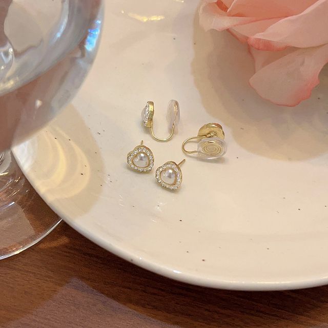 Clip-On Heart Earring Pearl Rhinestone Stud Faux /