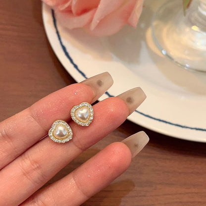 Clip-On Heart Earring Pearl Rhinestone Stud Faux /