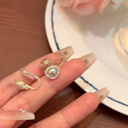 Clip-On Heart Earring Pearl Rhinestone Stud Faux /