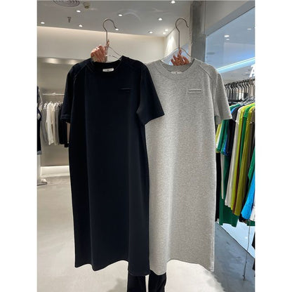 Short-Sleeve Crew Neck Plain Midi T-Shirt Dress