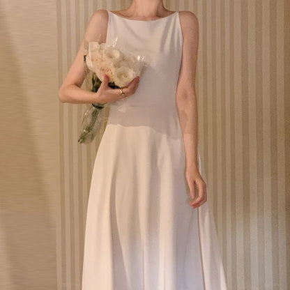 Spaghetti Strap Crew Neck Plain Maxi A-Line Dress
