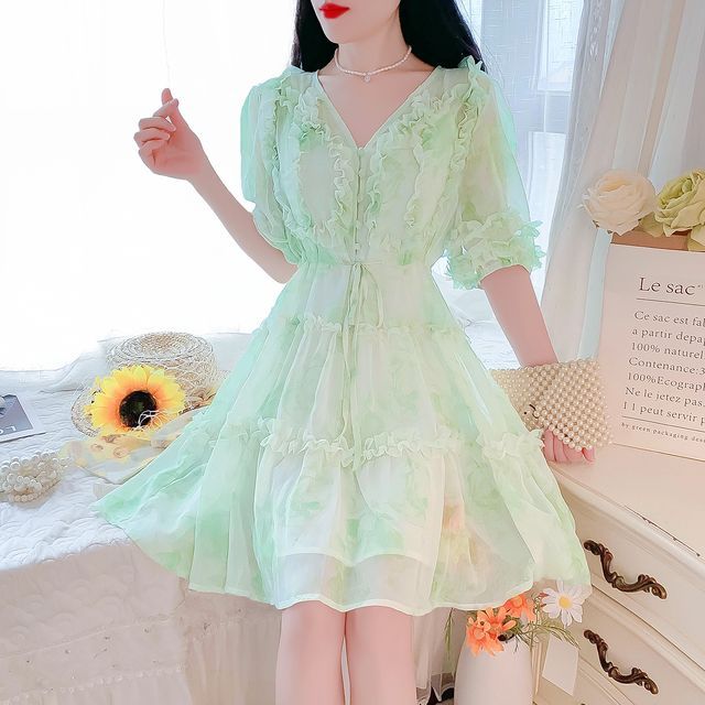 Elbow-Sleeve V-Neck Floral Print Frill Tiered Button A-Line Dress