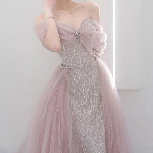 Evening Mesh A-Line Bow Sequined Rhinestone Off-Shoulder Gown