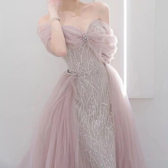 Off-Shoulder Sequined Rhinestone Bow A-Line Mesh Evening Gown
