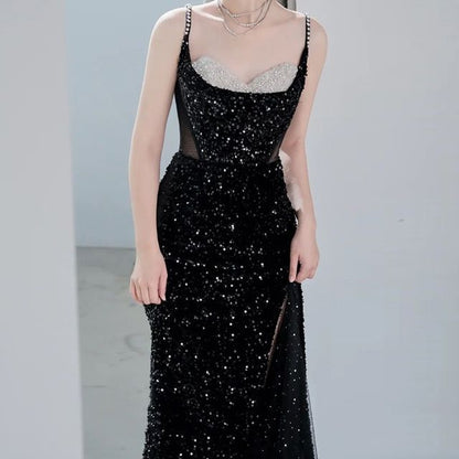 Evening Spaghetti Gown Faux Sequined Mermaid Panel Pearl Mesh Strap