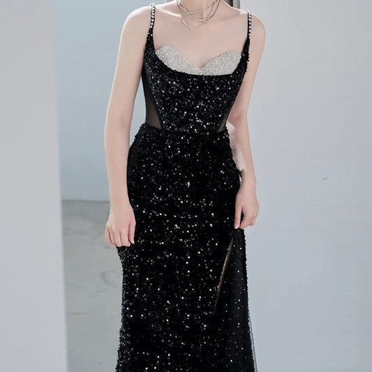 Evening Spaghetti Gown Faux Sequined Mermaid Panel Pearl Mesh Strap