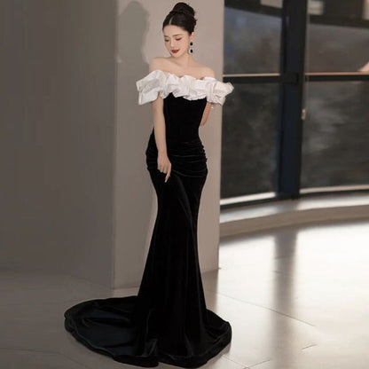 Off-Shoulder Ruffled two-Tone Velvet Mermaid Evening Gown