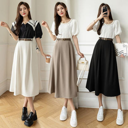 High Waist Plain Midi A-Line Skirt