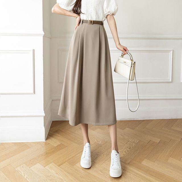 High Waist Plain Midi A-Line Skirt