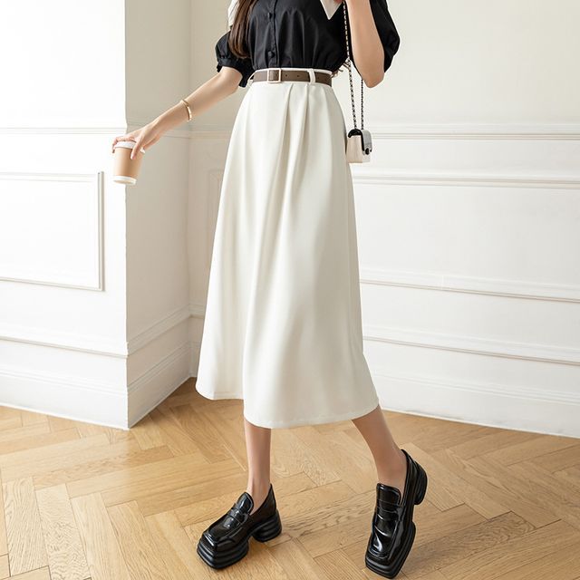 High Waist Plain Midi A-Line Skirt